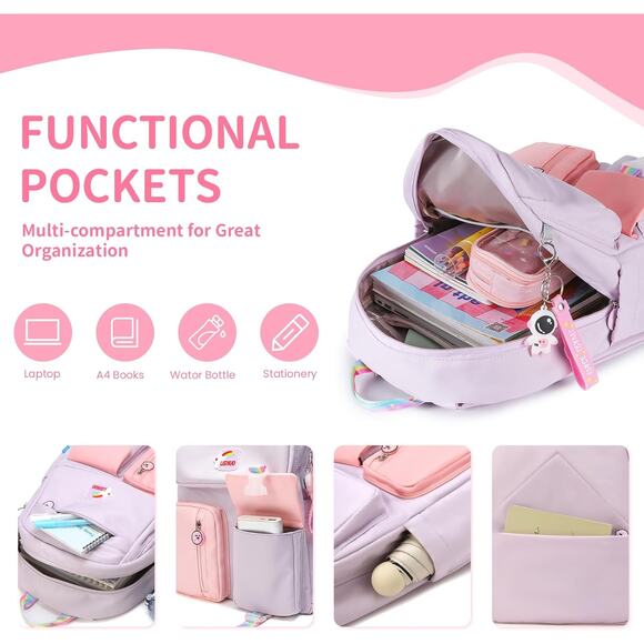 Cute Girls School Backpack Purple Pink Waterproof Bookbag with Keychain Gift - Picture 6 of 14